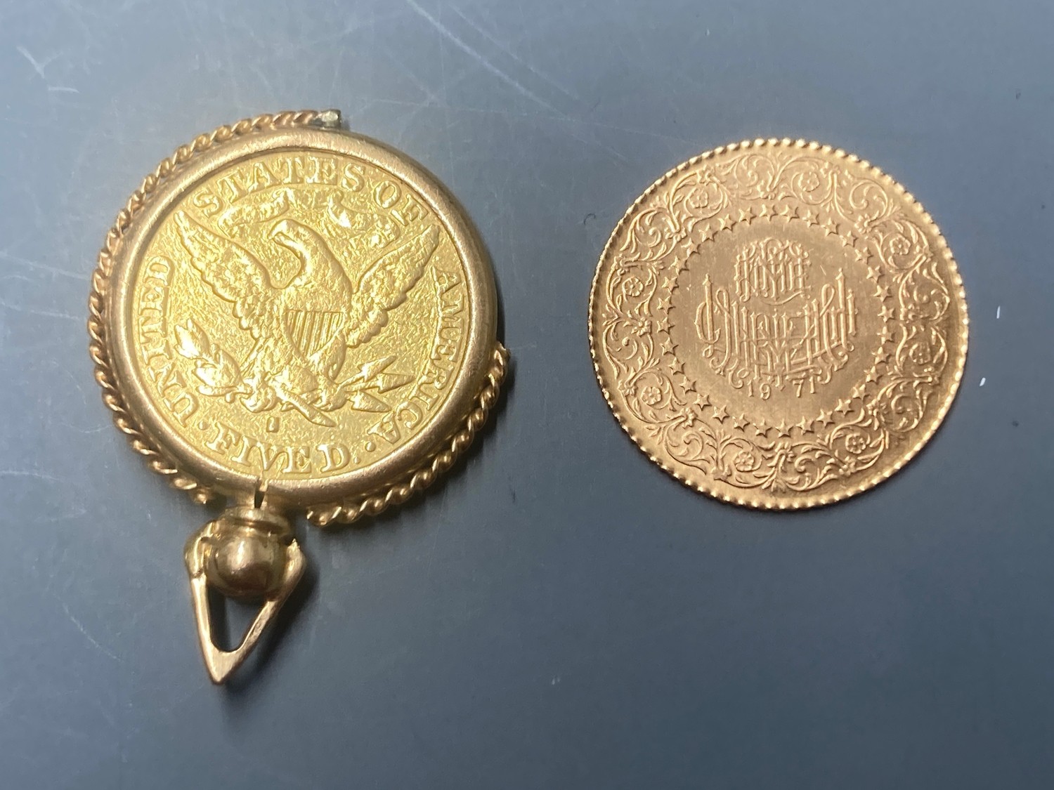 Two gold coins including one mounted as a pendant, gross 14.2 grams.